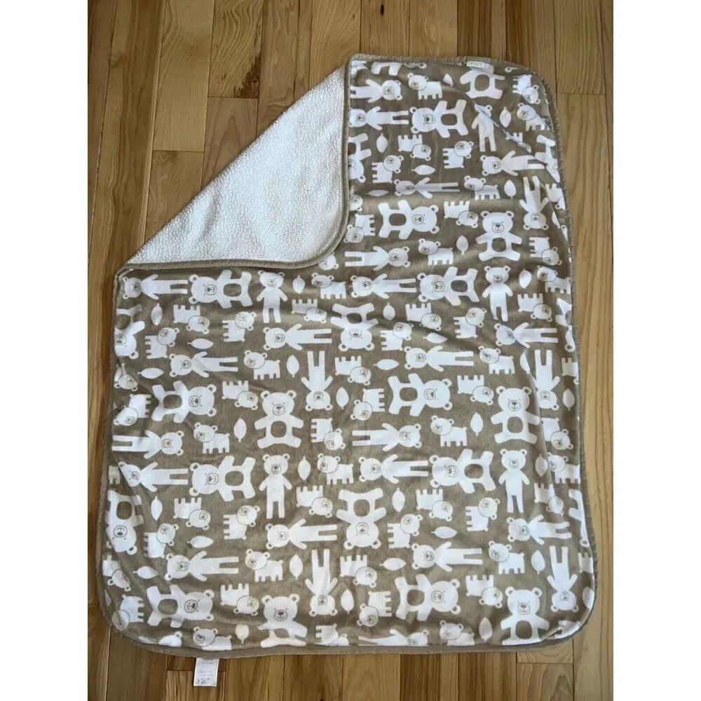 Carters Brown Tan White Animal Shapes‎ Baby Blanket Sherpa Teddy Bear Leaf
